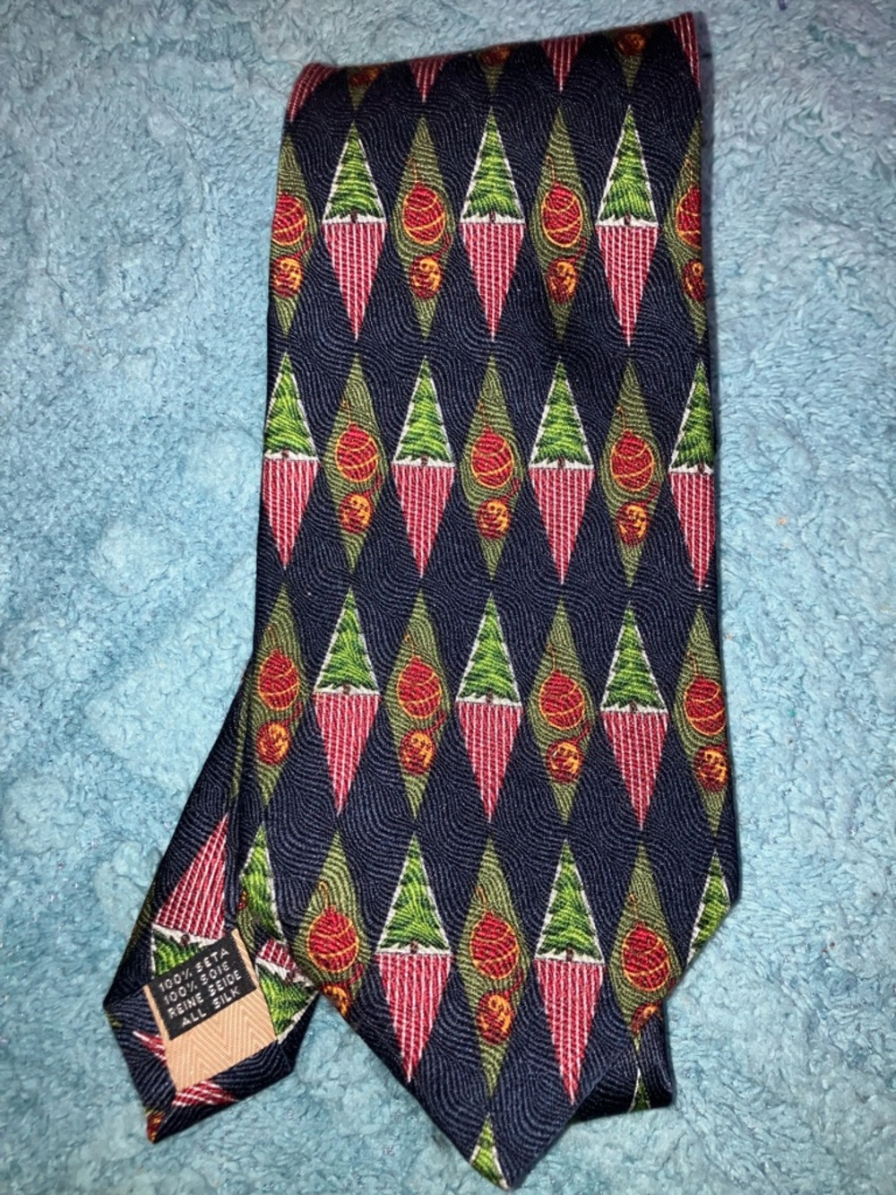 XYZ INC. Navy Silk Tie with Red and Green Holiday Trees & Ornaments Motif Silk